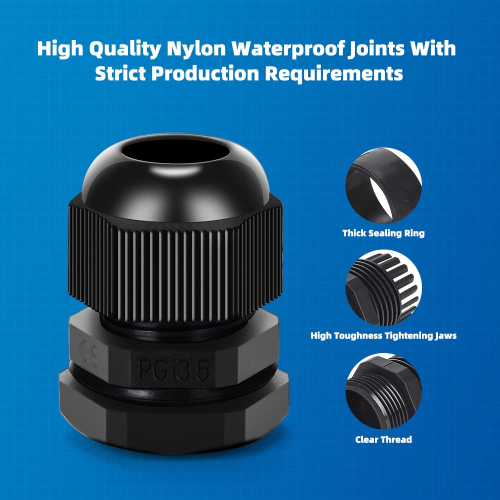 CGELE Cable Gland 20 Pack Plastic Waterproof Adjustable Connector 6-12mm PG13.5 Strain Relief Cord Connectors Joints Nylon with Gaskets