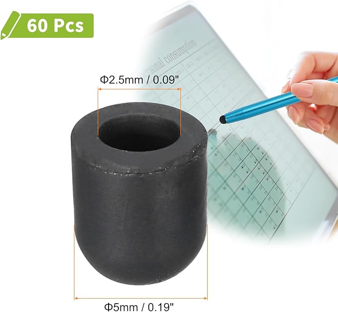 MECCANIXITY 60Pcs Replacement Stylus Pen Tips 5mm Conductive Capacitive Touch Screen Pens Tips Silicone Rubber, Black