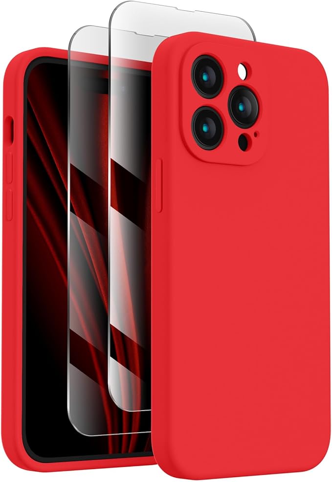 FireNova for iPhone 14 Pro Case, Silicone Upgraded [Camera Protection] Phone Case with [2 Screen Protectors], Soft Anti-Scratch Microfiber Lining Inside, 6.1 inch, Red
