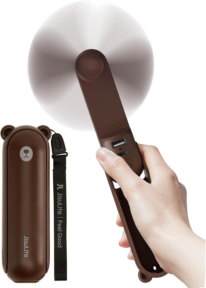 JISULIFE Handheld Fan with 4500 mAh Powerbank Max 37 Hours Runtime, Pocket Portable Battery Operated or USB Powered Folding Personal Fan, 3 Speeds, Gifts for Women Men Kids Gift for Festival-Brown