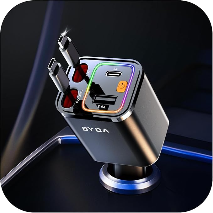 4 in 1 Retractable Car Charger,69W Car Charger USB C,Cigarette Lighter Adapter,Fast Charging for iPhone 16e/16/15/14,13,Samsung Galaxy,iPad,Pixel (Gray, for Dual Cord USB-C)