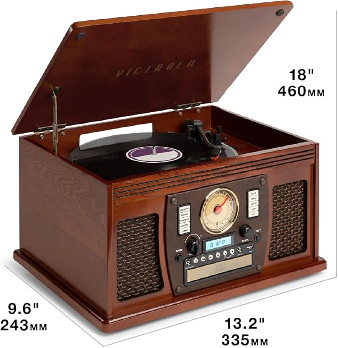 Victrola Navigator 8-in-1 Bluetooth Record Player with Built-in Speakers – 3 Speed Turntable, CD Player, Cassette, FM Radio, USB, RCA Out, Headphone Jack, Wireless Music Streaming, Real Wood (Black)
