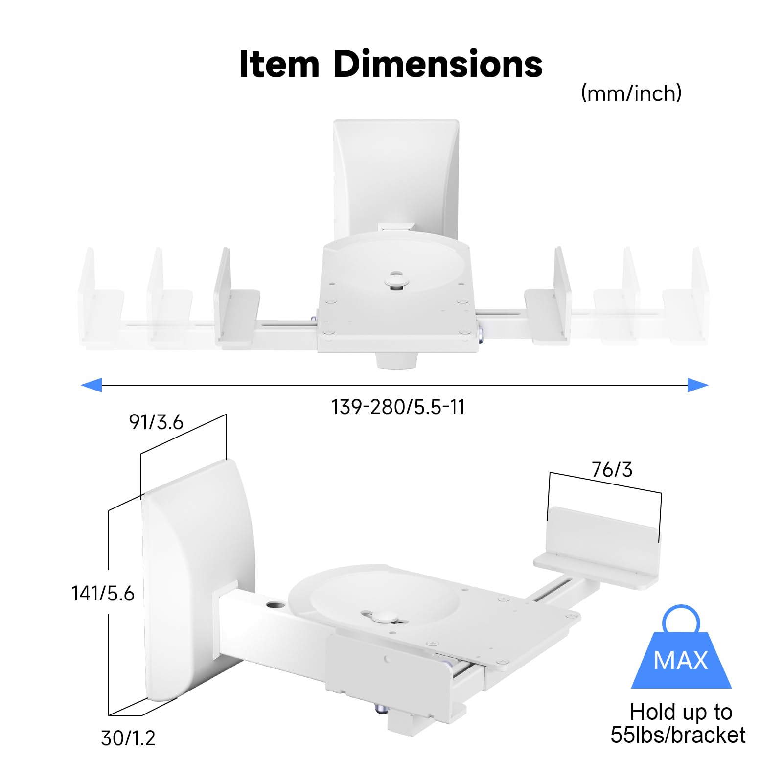 suptek Dual Side Clamping Bookshelf Speaker Wall Mounting Bracket for Large Surrounding Sound Speakers, Hold Up to 55 lbs, White (SPM201W)