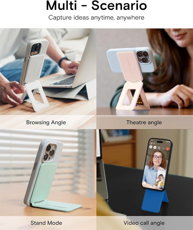 MOFT Phone Stand, Magnetic Phone Tripod Stand Stain-Resistant MOVAS Leather & Angle Adjustment & Strong Magnets Tripod for iPhone 16/15/14/13/12 (Included Metal Ring)-Peach Pink
