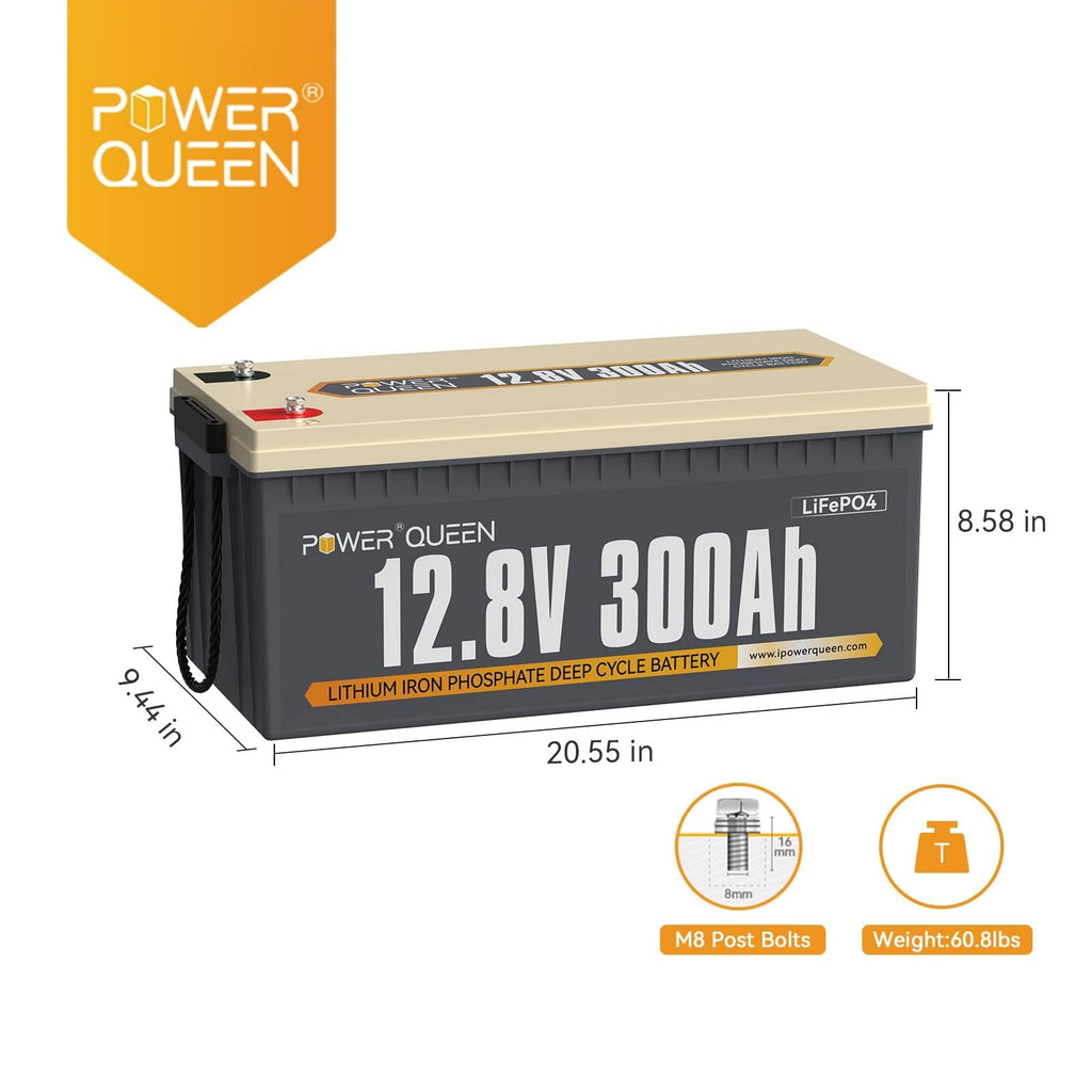 Power Queen 12V 300Ah Lithium Battery, 3840Wh LiFePO4 Battery with 2560W Power Output, Up to 15000+ Deep Cycles, BMS Protections for Solar, RV Motorhome, Marine, Off-Grid