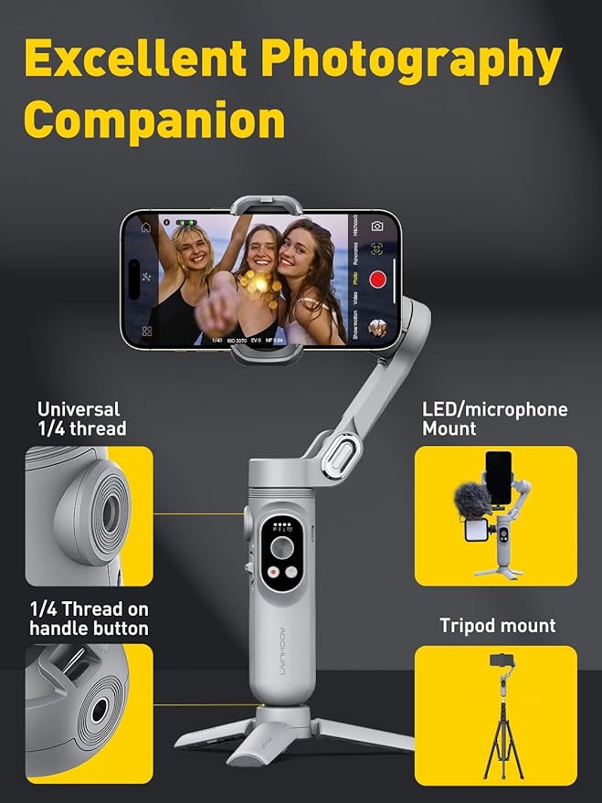 Gimbal Stabilizer for Smartphone with Face/Object Tracking for iPhone 15 14 Pro Max Android,3-Axis Foldable Phone Gimbal w/Built-in Light,1/4 Threads for TikTok YouTube Vlogging(Smart X Grey)