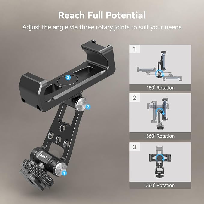 SMALLRIG Universal Metal Phone Support with Cold Shoe Mount, Smartphone Holder Adapter Support Free Adjustment Joints, Phone Tripod Mount for iPhone 16 15 14, for Samsung Galaxy etc. - 4382