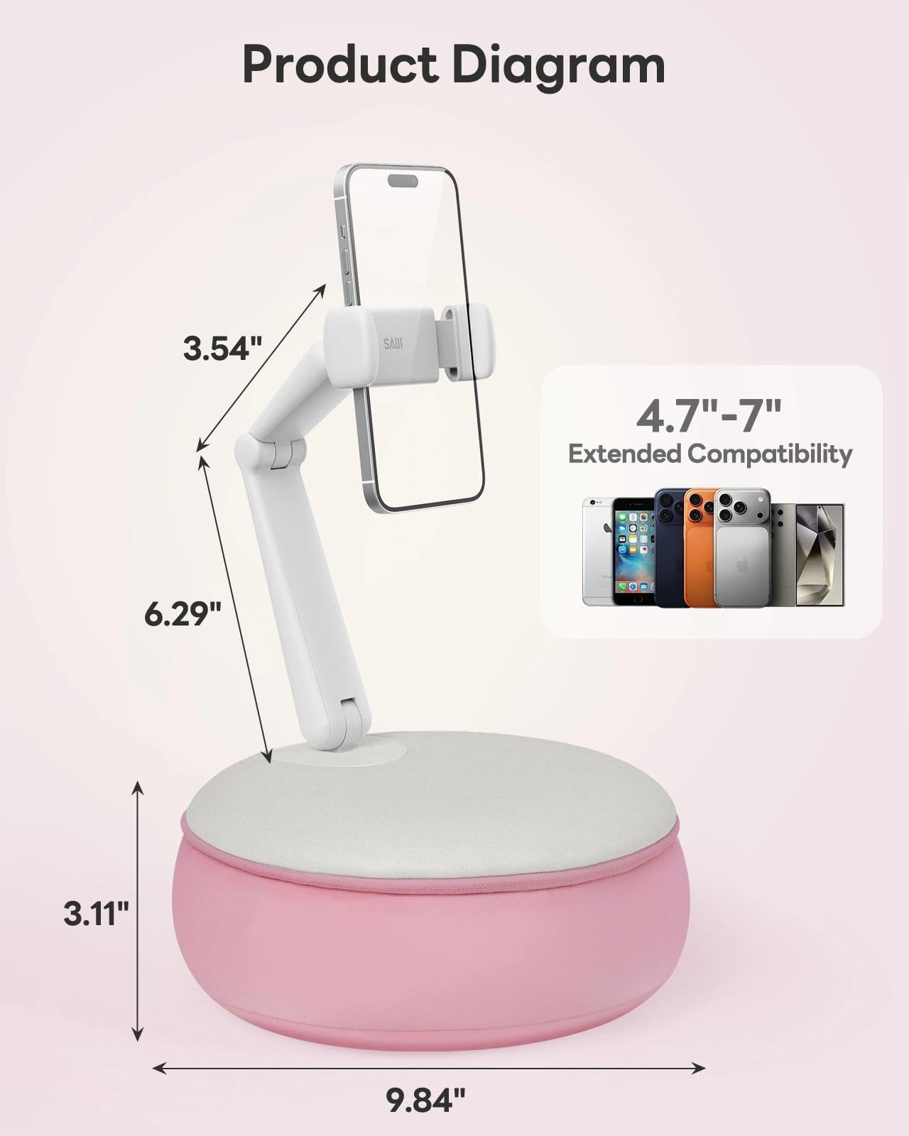 SAIJI Cell Phone Pillow Stand Mini iPhone Holder for Bed, Upgraded,Mini Angle & Height Adjustable Phone Pillow Stand for Watching Video On Bed/Sofa/Lap, Fit for 4.7"-7.0" Device (Pink)