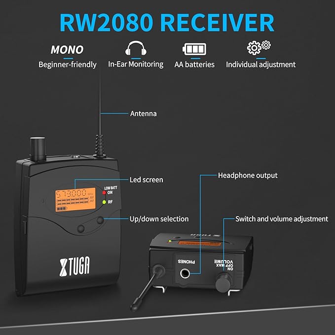 XTUGA RW2080 Wireless in Ear Monitor System 6 Bodypacks UHF IEM System, Dual Channel Mono Design Stage Monitors Earphone with 40 Frequencies, 300Ft for Band, Studio or Musicians, 902-928mhz