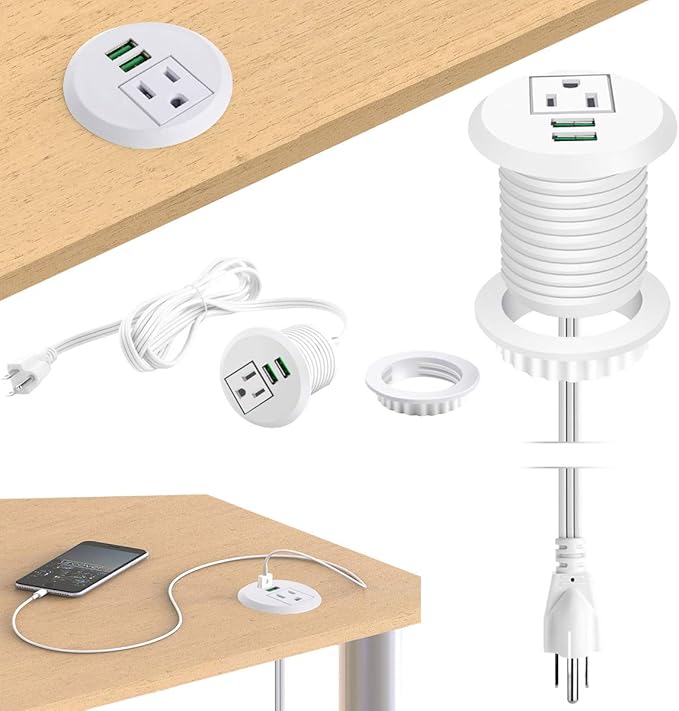Desktop Power Grommet,Desk Grommet Outlet 2 inch Hole,Power Grommet with USB, Easy Access to 1 power Source Along with 2 USB Power Port Connections(white)
