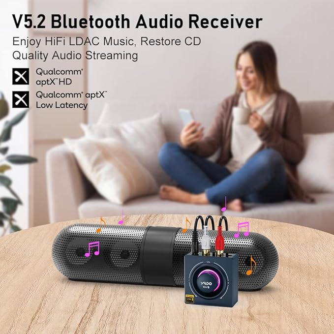 YMOO B06T3+ LDAC Bluetooth 5.2 Receiver for Home Stereo, Aptx SBC AAC Bluetooth Audio Adapter,30ms Low Latency, RCA 3.5mm Jack Aux HiFi for Speaker/Older Stereo/Amplifier from Phone/Tablet/Laptop