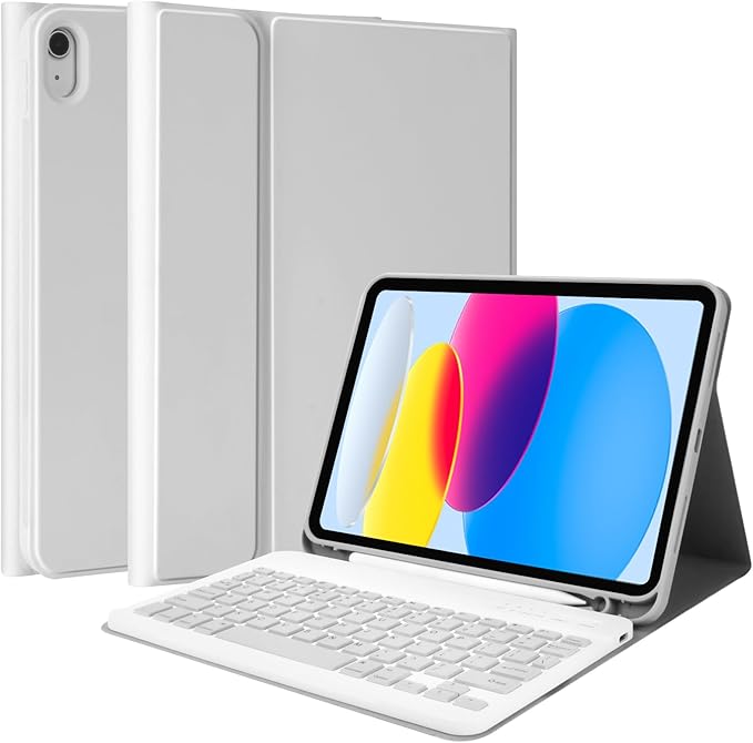 MMK iPad A16 Case (2025, 11"), iPad 10th Generation Case with Keyboard (2022, 10.9"), Wireless Detachable Keyboard, Pencil Holder (Grey)