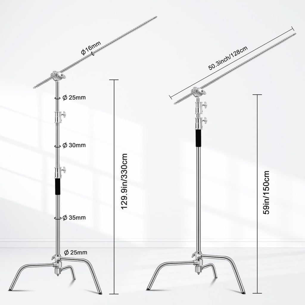 Heavy Duty C Stand 10.8ft/330cm with Boom Arm 100% Stainless Steel Photography C-Stand with Carry Bag Sandbag 3*Clip 2*Grip Head for Photography Studio Video Monolight Softbox Shooting