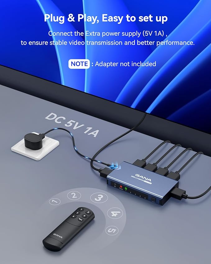 HDMI Switch 5 in 1 Out 4K@60Hz, GANA HDMI Splitter Switcher with Remote, Aluminum HDMI 2.0 Switch Box Hub for 3D, HDCP2.2, HDR, Compatible with Xbox, PS5/4/3,Fire Stick,Roku,Blu-Ray Player, Blue