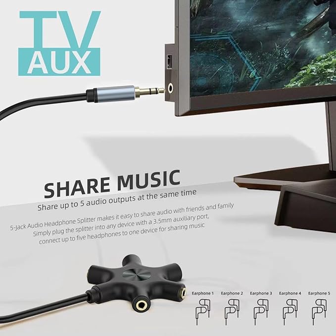 Multi Headphone Audio Splitter, 5-Way 3.5mm Jack Stereo Headset Adapter to Connect Up to 5 Devices for Mixing, Shared Experiences - for iPhone, iPad & More