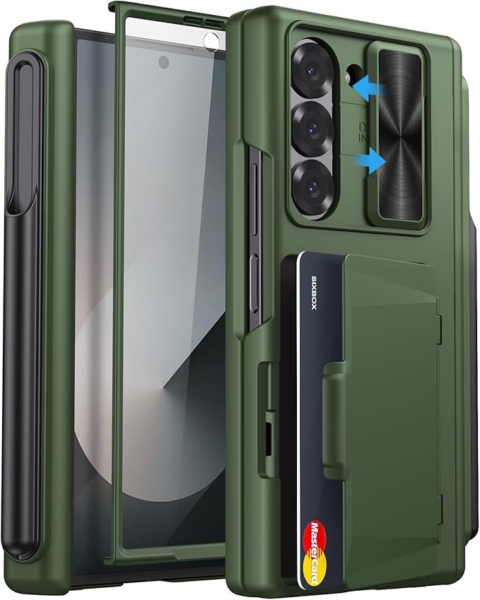 for Samsung Galaxy Z Fold 6 Case with Card Holder & Hinge Protection & Slide Lens Cover, Built-in S Pen Holder & Screen Protector, Heavy Duty Rugged Wallet Phone Case for Z Fold 6 2024, Green