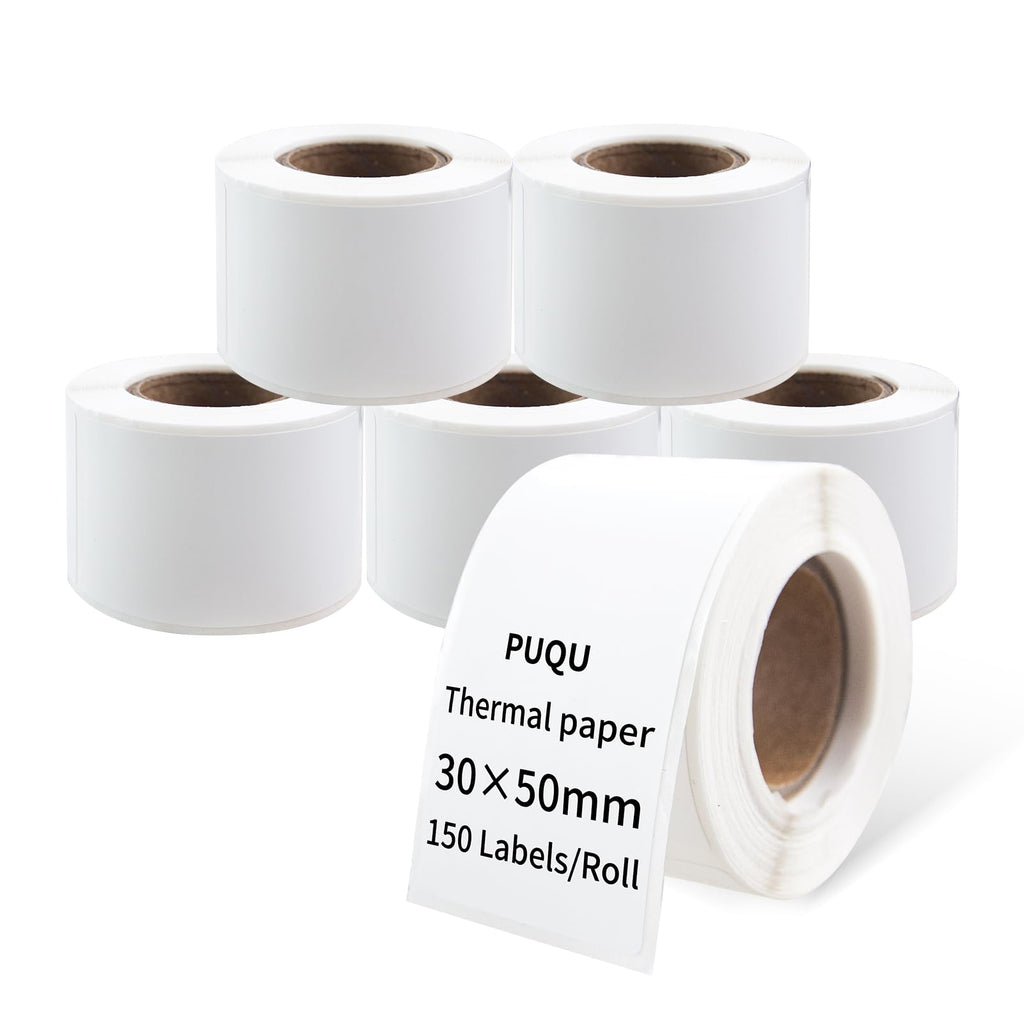 PUQU 30x50mm Direct Thermal Sticker Labels, Self-Adhesive All-Purpose Label Maker Tape, Compatible with AQ Series Label Printer, Refills Standard Laminated Office Labeling, 6 Rolls, 900 Labels