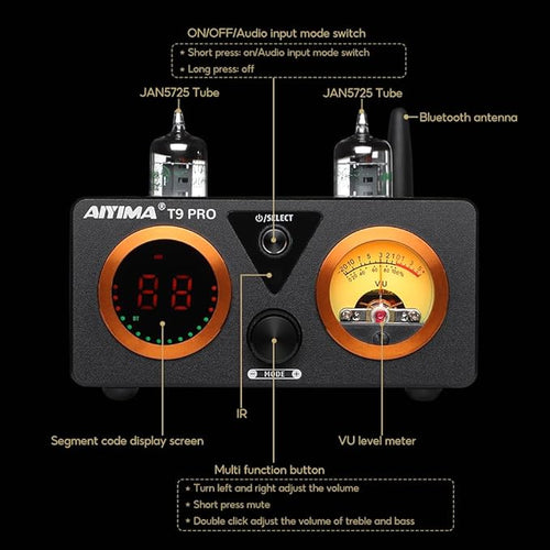 AIYIMA T9PRO 200W 2.1 Channel TPA3250 Tube Bluetooth DAC Stereo Amplifier