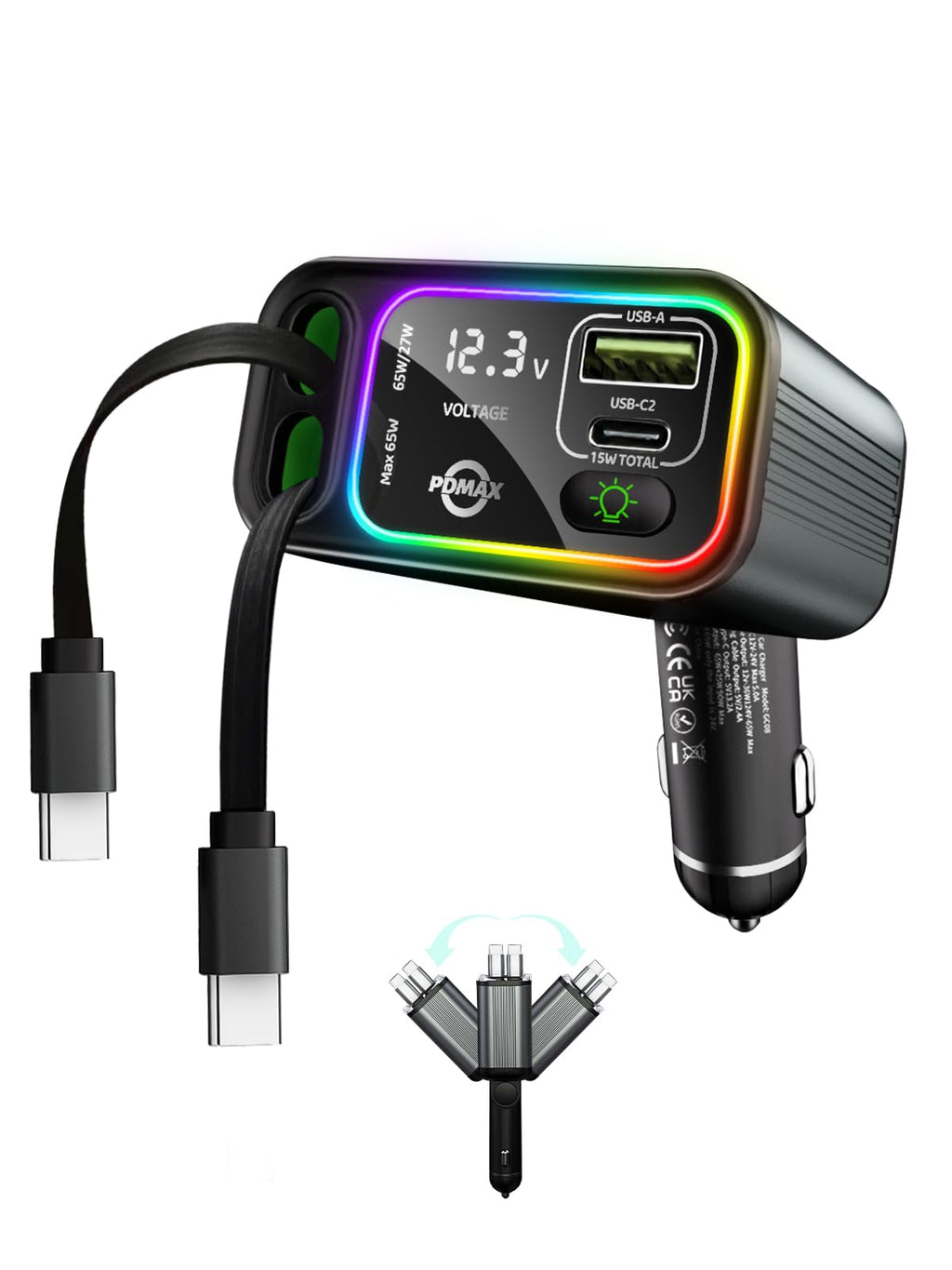 Retractable Car Charger USB C, 145W Max, Dual Cables, Voltage Display & LED