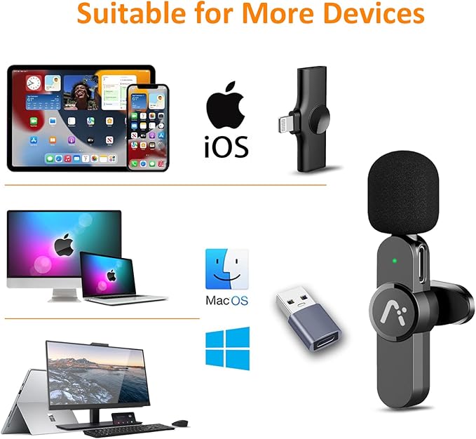 Wireless lavalire Microphone, Clip on Microphones, Hi-Fi Audio, Wireless Mic A3, for iPhone 7-14, Laptop, Zoom Meeting, Video Recording, tiktok