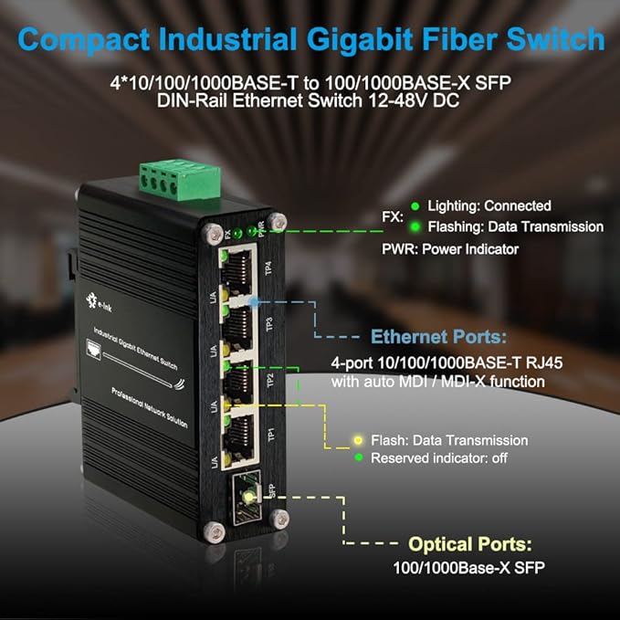 Industrial Gigabit 4-Port Ethernet Switch - Hardened 10/100/1000Mbps Fiber with 100/1000M Adaptive SFP Slot, Din Rail/Wall Mount, Unmanaged Network, 12-48V DC, 5-Port