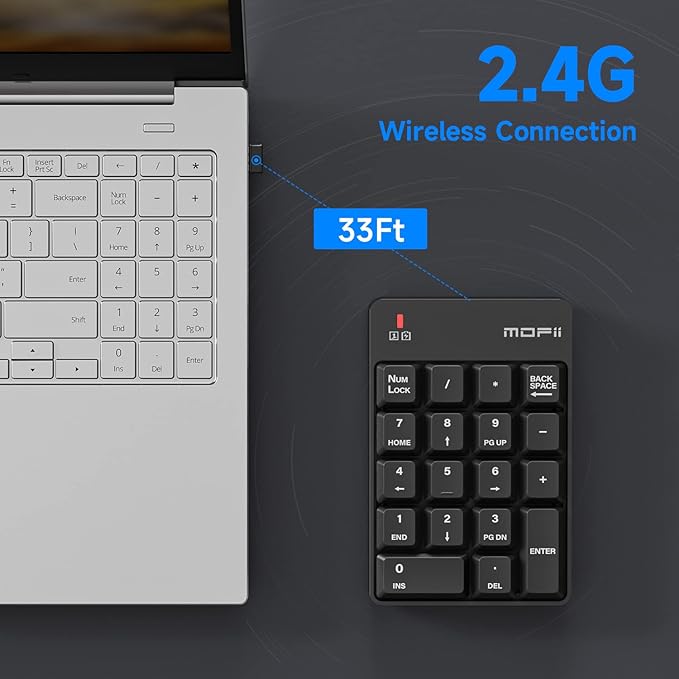 MOFII Wireless Number Pad - 2.4G Numeric Keypad Silent 19 Keys USB Keypads, Portable Financial Accounting Numpad 10 Key for Laptop/Notebook/Surface Pro/PC - Black