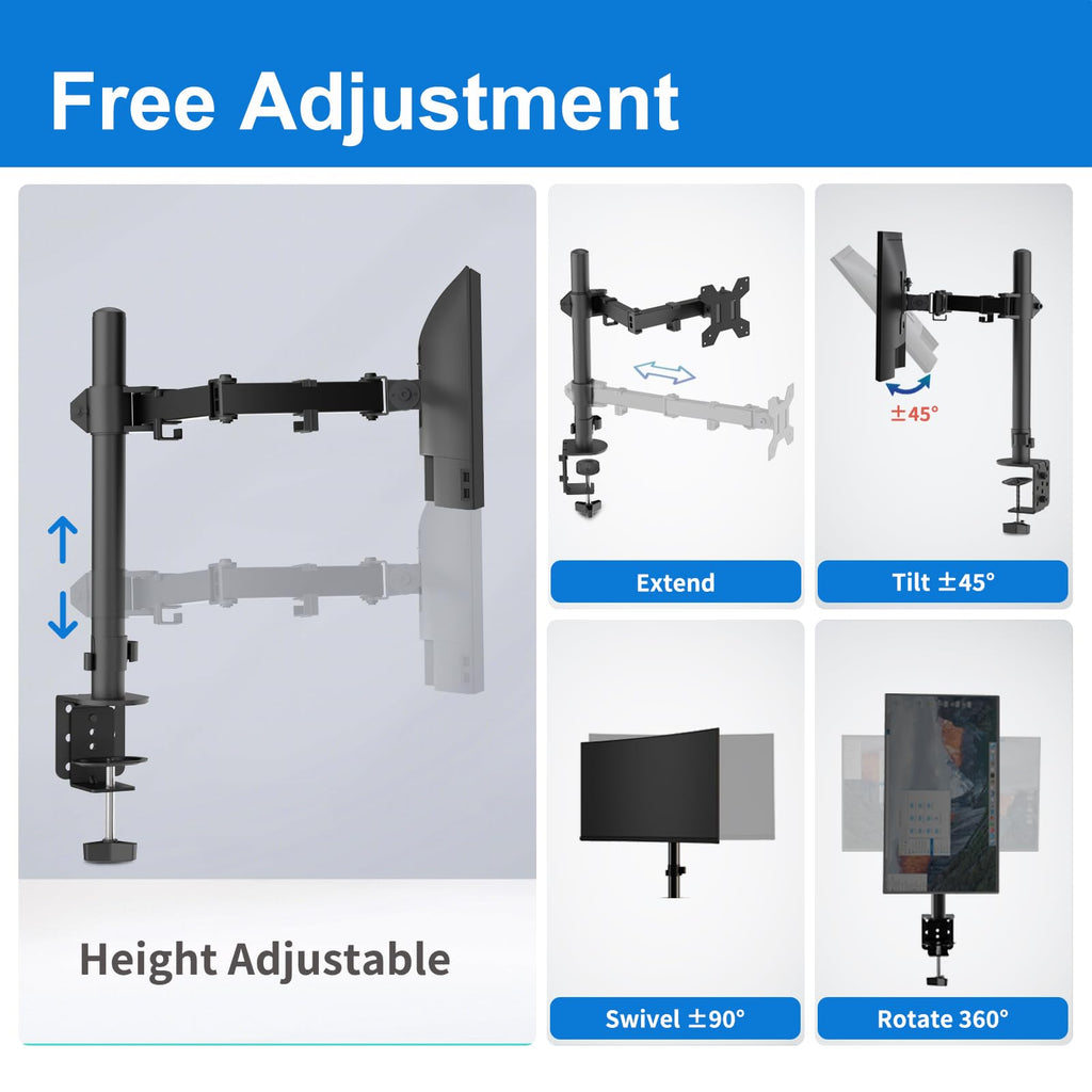 H&C(hcck&Cllassp) Single Monitor Mount, Desk Mount with Swivel, Tilt, Rotation, Height Adjustable, VESA Mount for 17-27” Monitors up to 17.6 lbs, Monitor Stand with C-Clamp, Black