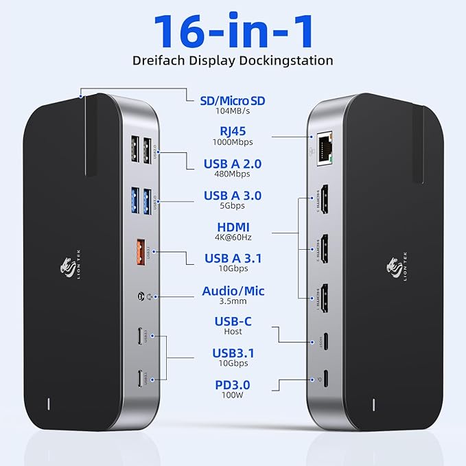 Laptop Docking Station,16 in 1 Docking Station USB C Docking Triple Monitor,USB C Dock Station with 3 HDMI,PD 100W, USB 3.1/3.0/2.0,RJ 45 Ethernet,SD/TF,Audio for Dell/Lenovo（Including Charging）