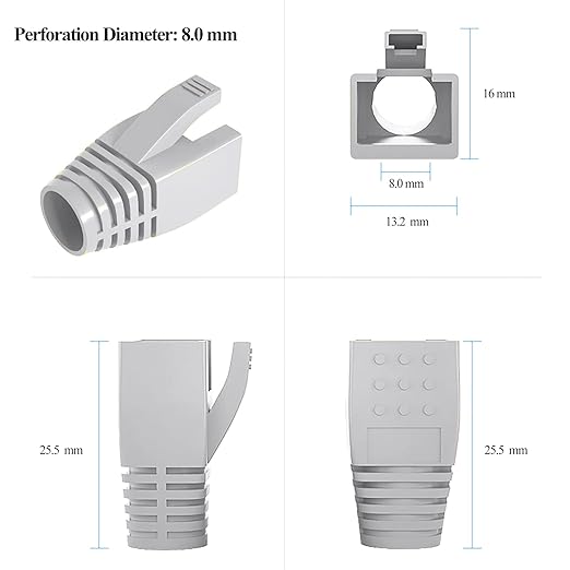 50-Pack RJ45 Boot Cover, Cat6A Cat7 Ethernet Network Cable Strain Relief Boot for 6.5-8.0mm Ethernet Cable (Hole Diameter: 8.0mm, Grey)