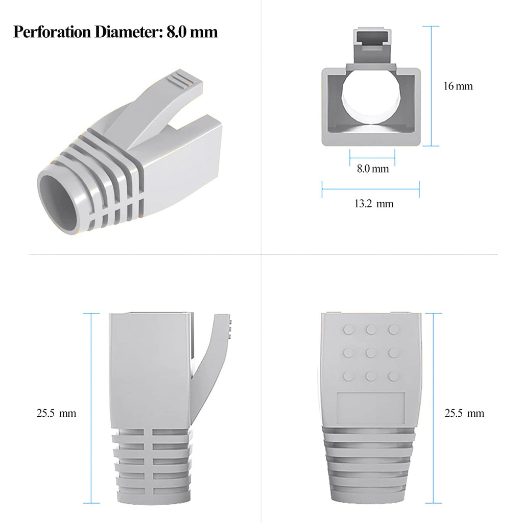 JODROAD 100Pack RJ45 Boot Cover, Cat5 Cat6 Cat6A Ethernet Network Cable Strain Relief Boot, Fits Overall Jacket Diameter 5.5-6.5MM Ethernet Cable (Hole Diameter: 6.5mm, Grey)