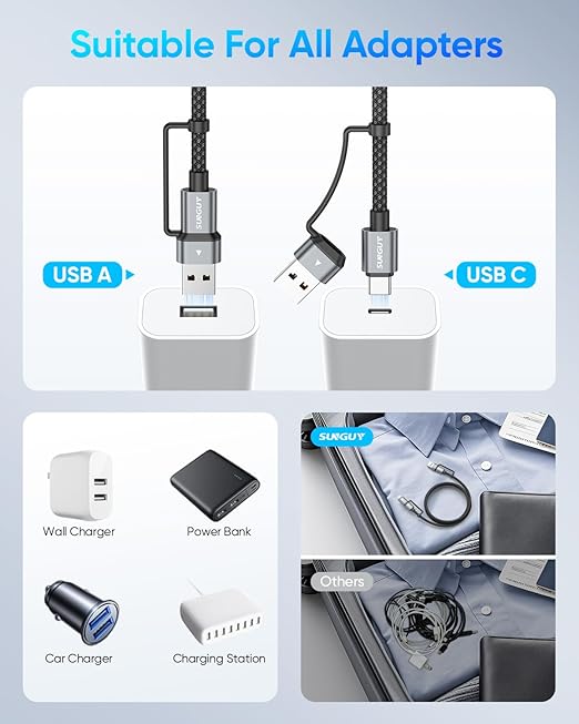 SUNGUY 4 in 1 Charging Cable 3FT [2 Pack], 60W Multi Charging Cable, USB-C/A to Lighting/C Cord for iPhone 16/15/14 Pro/iPad/MacBook/Samsung Galaxy S25/S24/Tablets