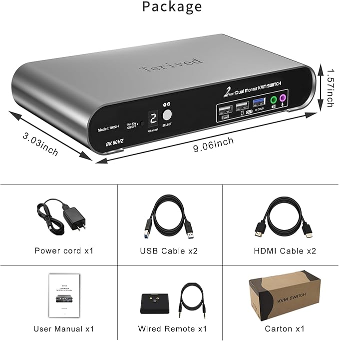 2 Computers 2 HDMI Monitor Automatic KVM Switch 8K@60Hz, Hotkey Switching, EDID, Support 5.1/7.1 Audio and Microphone, Aluminum Shell with Digital Display, USB 3.0 Hub, HDR10 with Cables