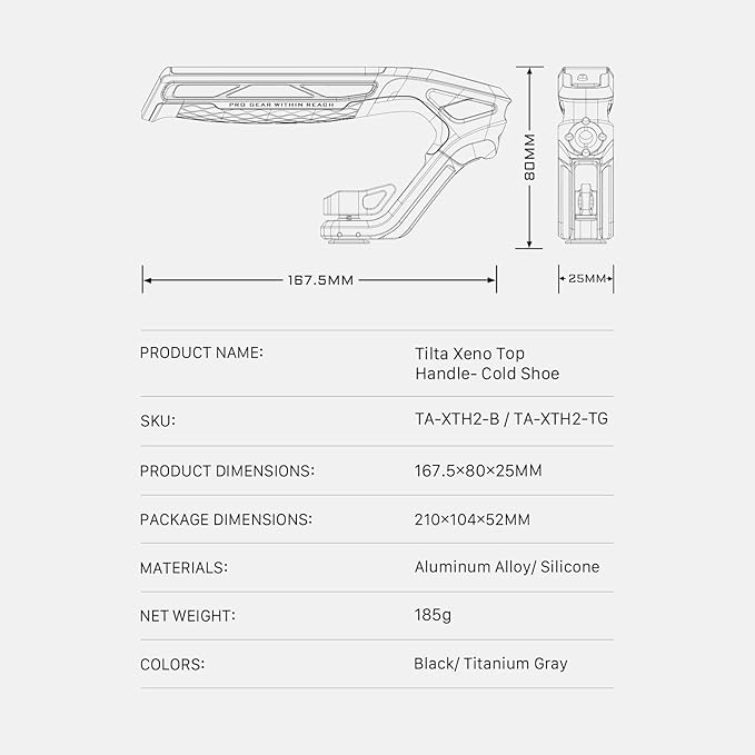 Tilta Xeno Top Handle for Filmmakers & Cameras - Black | Aluminum Alloy and Silicone Build | 1/4″-20 and 3/8″-16 Threads w/Locating Points | Safety Release Pin | Comfortable Handling (Cold Shoe)