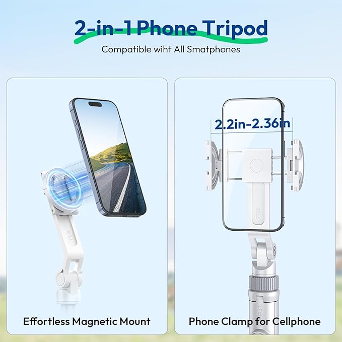 ULANZI TT88 Magnetic Tripod for iPhone, 57" Extendable Selfie Stick with Remote, 2-in-1 Phone Clip & Dual Cold Shoe Mounts-Lightweight Phone Tripod Stand for Vlogging, Travel, Video Recording (White)