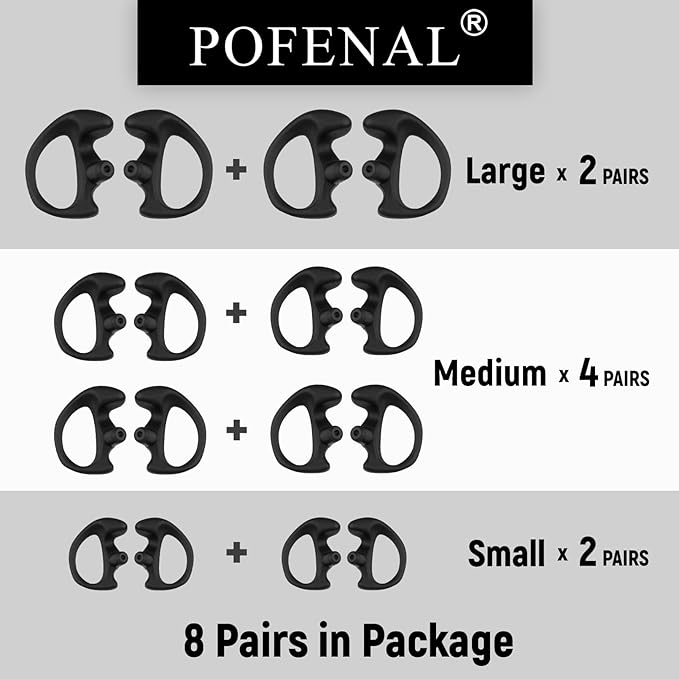 Silicone Replacement Earmold for Motorola/Baofeng/Retavis Radios - Police Walkie Talkie & Law Enforcement Soft Earpiece Inserts (8 Pair, Black - 2L/4M/2S)