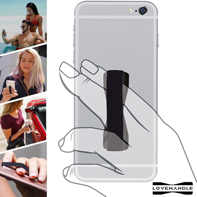 LOVEHANDLE Universal Phone Grip for Smartphones & Mini Tablets - Phone Holder for Hand - Wireless Charging Compatible - Made in The USA - Black Elastic Strap with Gold Base