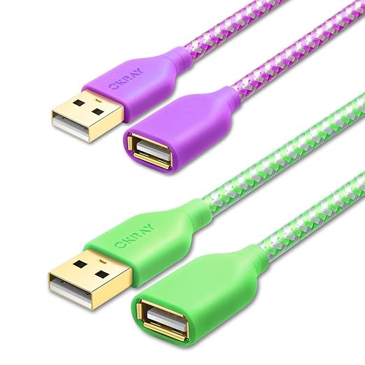 OKRAY USB Extender, 2 Pack 6 Feet USB 2.0 Extension Cable, Durable Nylon Braided Type A Male to A Female Cord Data Transfer Extender Cable for Printer, USB Flash Drive/Game Controller (Purple Green)