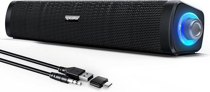 USB Computer Speakers,Computer Speakers with 3.5 mm aux,Wired USB Powered & Colorful LED Lights with Switch Button,Surround Sound Portable SoundBar for Monitor Laptop Phone(Black)