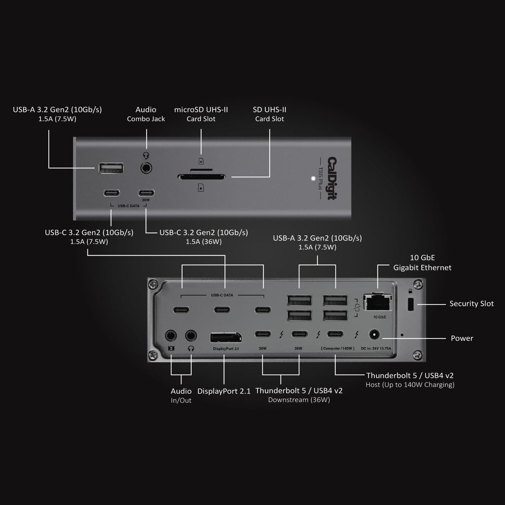 CalDigit TS5 Plus - Thunderbolt 5 Dock - 20 Port, 10Gb Ethernet, TBT-5 x 3