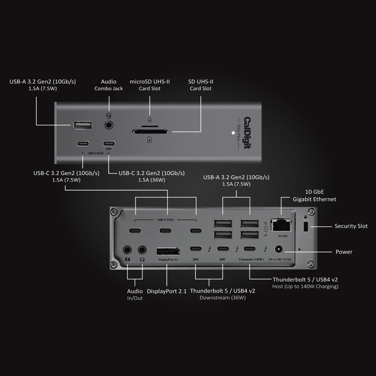 CalDigit TS5 Plus - Thunderbolt 5 Dock - 20 Port, 10Gb Ethernet, TBT-5 x 3