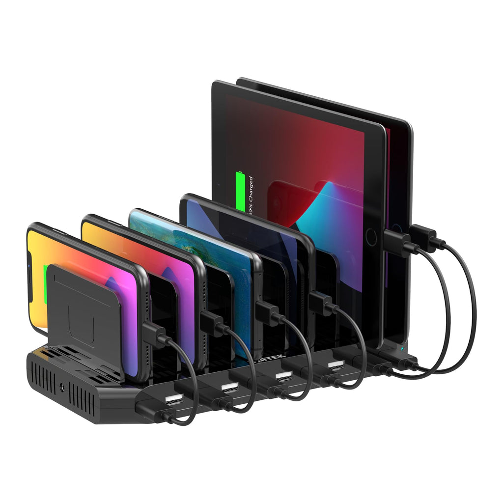 【10PCS】 Unitek Multi Charging Station, 10-Port USB Charger for Multiple Device with SmartIC Tech and Adjustable Dividers, Organizer Stand Compatible with iPad, Tablet, Kindle, iPhone - 10PCS, Black