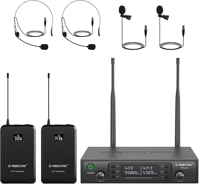 Phenyx Pro Dual UHF Auto Scan Headset/Lapel Wireless Microphones PTU-71-2B