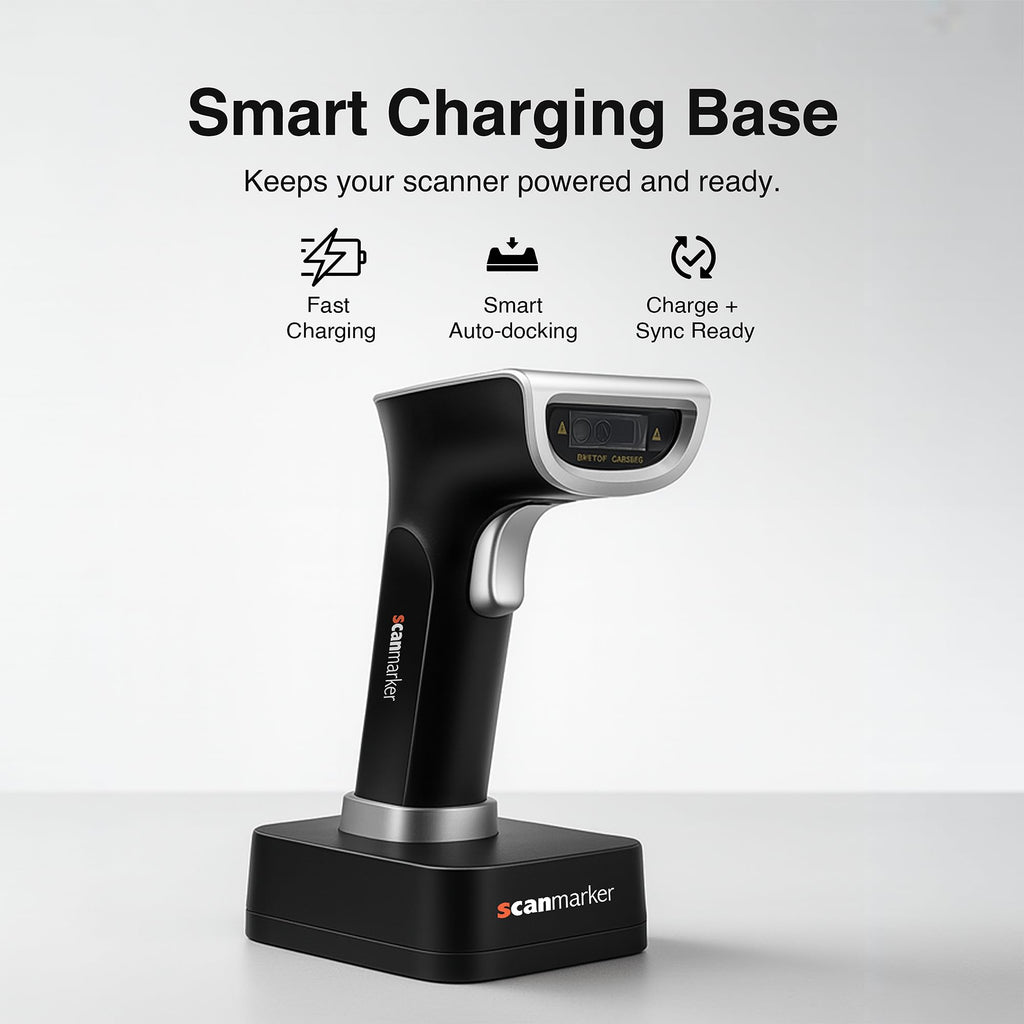 Scanmarker 1D/2D Barcode Scanner Wireless – Boost Speed & Accuracy with Bluetooth Barcode Scanner & 2.4G Modes – Handheld QR & Wireless Barcode Scanner with Charging Stand for Laptop, iOS & Android