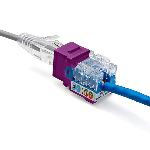 trueCABLE Cat5e Keystone Jack, Unshielded (UTP), 90 Degree Punch-Down, PoE++ (4PPoE) 100W, UL Listed, ETL Verified, ANSI/TIA Certified, Modular RJ45 Female, Purple, 24 Pack
