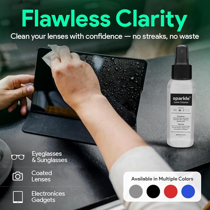 Sparkle Anti-Reflective Lens Cleaner Spray kit | (2) 1oz Glasses Cleaner Spray + (2) Microfiber Cloth for Eyeglasses, Sunglasses, Lenses, Screens and Camera Cleaning Kit (4 Piece Set)