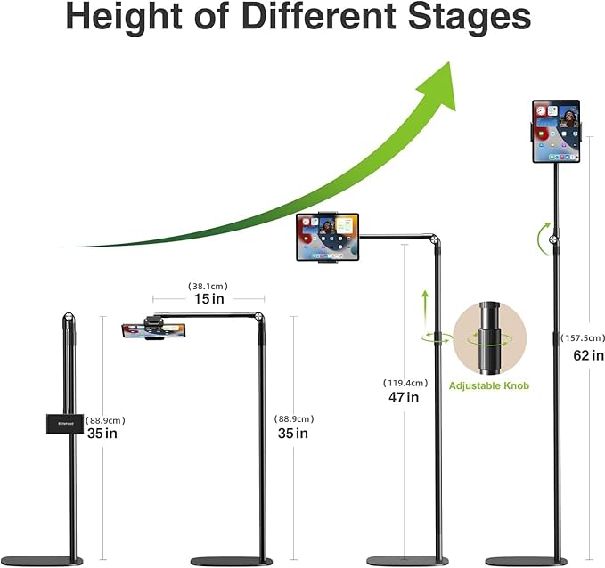 elitehood iPad Stand Floor, Height Adjustable Tablet Floor Stand with Heavy Base, 360° Rotatable Kinlde Holder for Reading in Bed, Fit 4.7''-13'' iPad mini Air Pro, Galaxy Tab, Kindle and Cell Phone