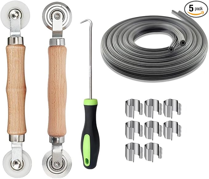 Windows Screen and Screen Door Repair Kit Including Steel/Nylon Roller with Bearing, Spline Removal Hook, Screen Retainer Spline and Screen Clips for Installing Door Window Mesh, 5pcs