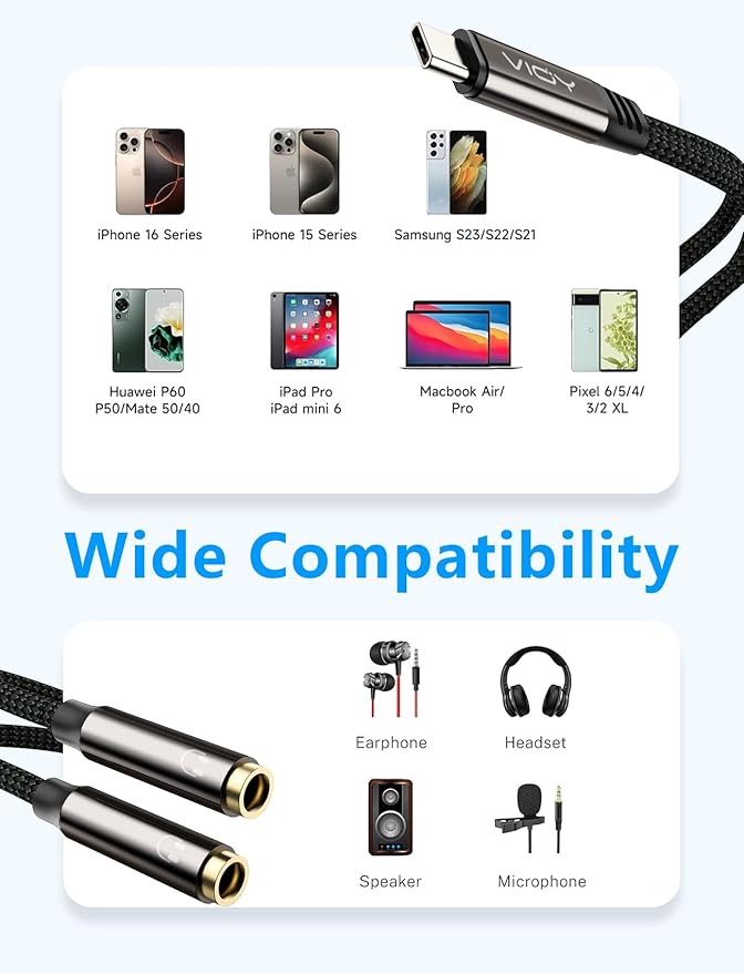 2 Pack VIOY USB C to Dual 3.5mm Female Headphone Splitter, Type C to Headphone Audio Jack Adapter 2 Way Compatible with iPhone 16/15 Plus Pro Max, iPad Air Pro, Galaxy S24/23 Ultra, Pixel 7/6 and More