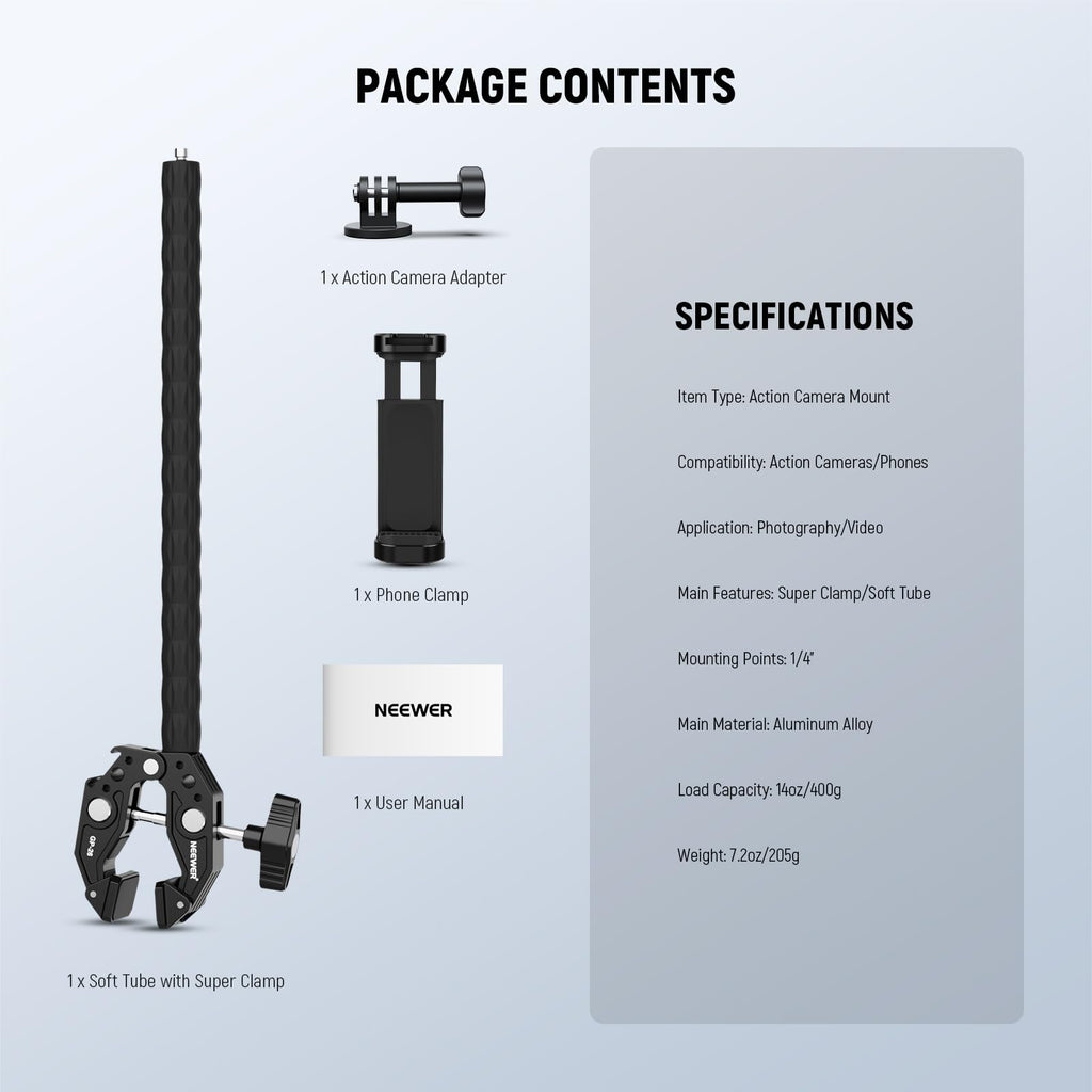 NEEWER Action Camera Mount Kit with Super Clamp, Soft Tube, Action Camera Adapter, Adjustable Holder for Flat/Round Surfaces, Compatible with GoPro Insta360 DJI Smartphone GP-26