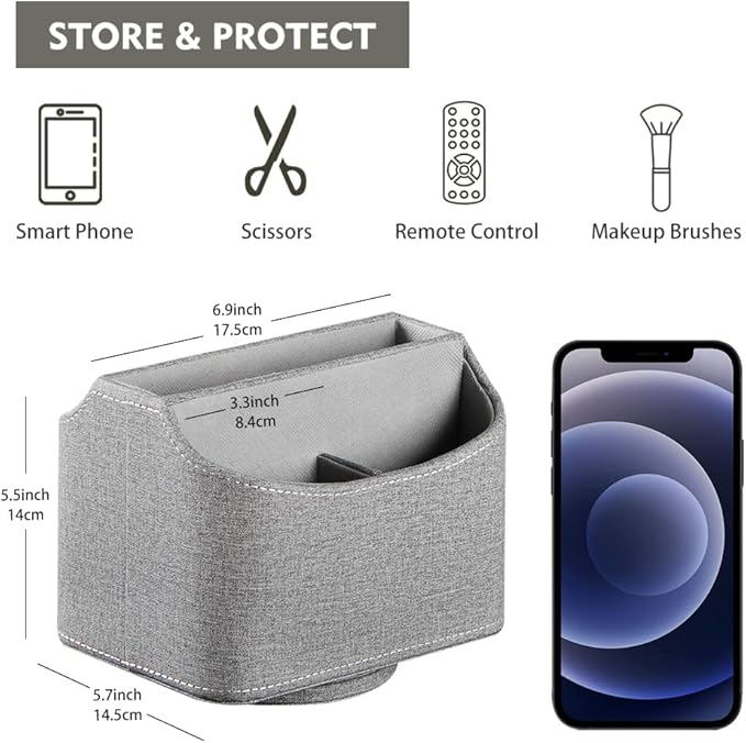 Fanousy 360° Rotating Remote Control Holder, PU Leather TV Remote Caddy Organizer Basket Storage Box with 5 Compartments for Pen, Pencil, Art Supplies, Makeup Brush, Office Desk Table Accessories